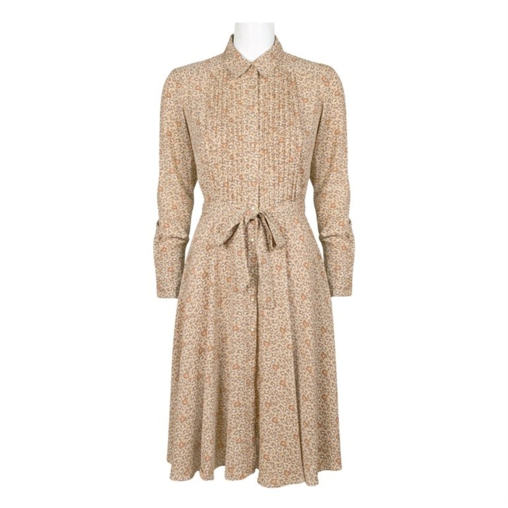 Nanette Lepore Collared Tie Waist Long Sleeve Pleated Multi Print Dress